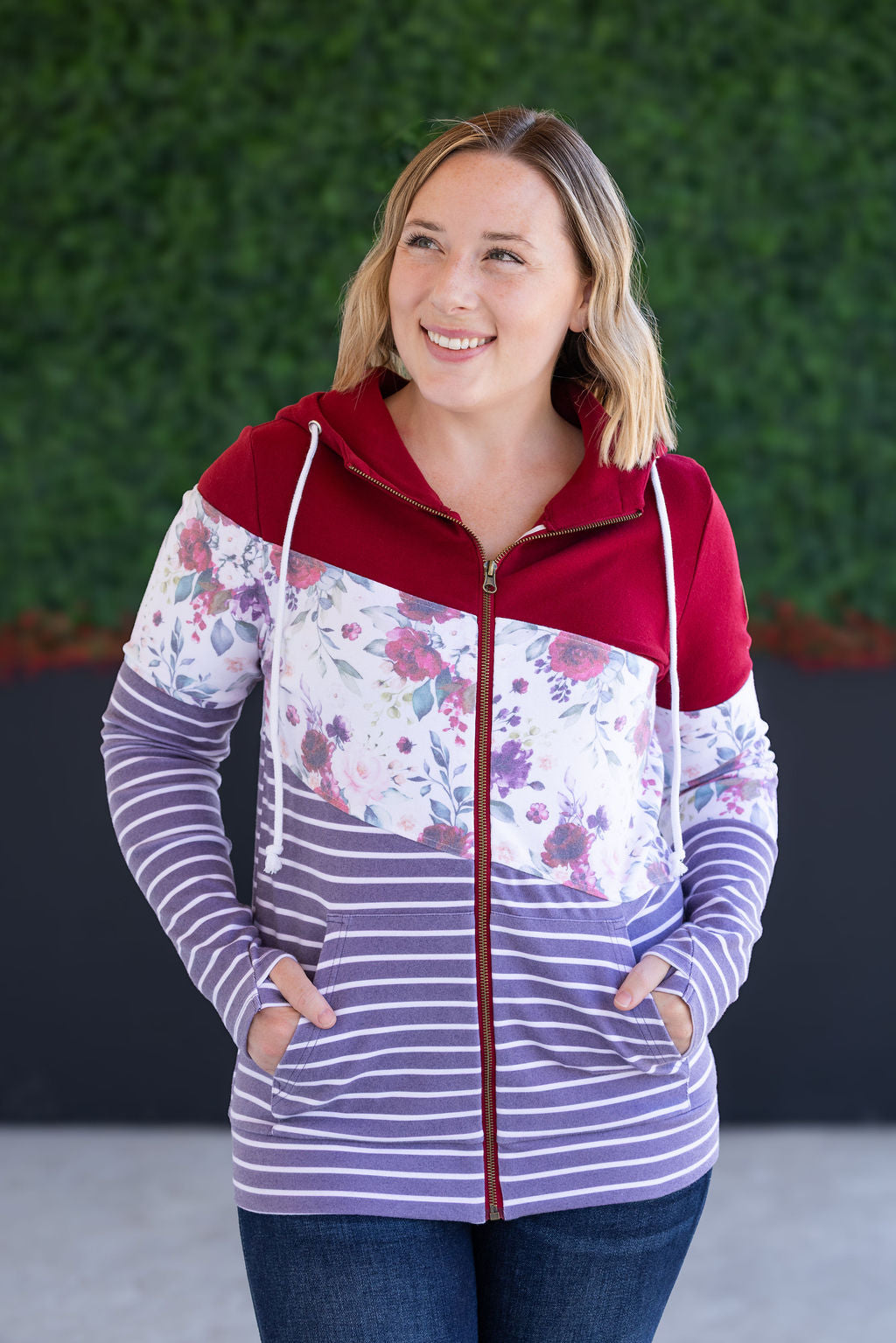Colorblock Fullzip - Burgundy, Burgundy Bloom, and Plum Stripes